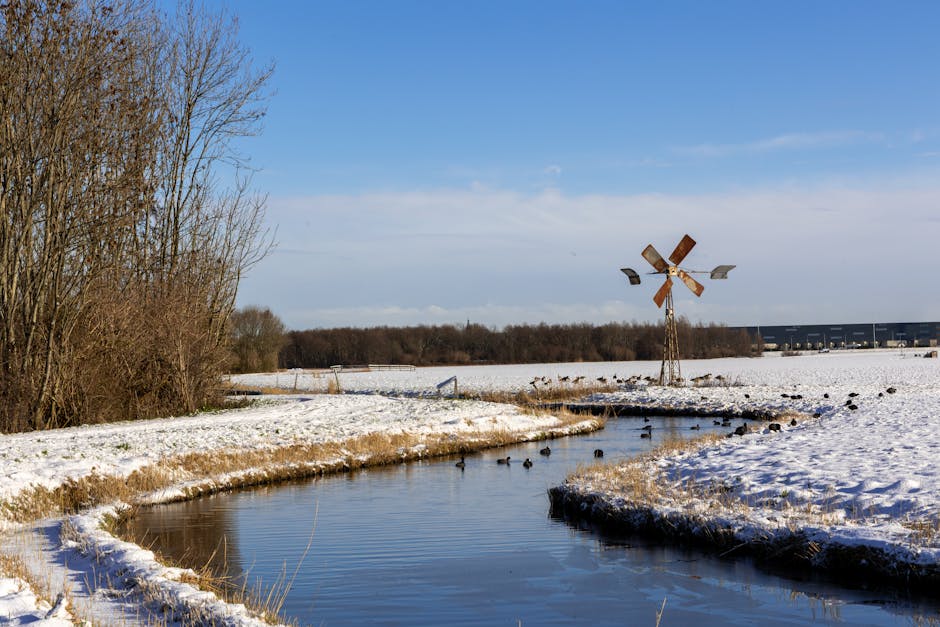 Rustig, besneeuwd landschap met een klein kanaal en een windmolen in Den Haag, Nederland.