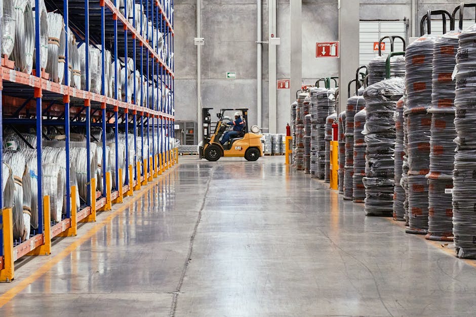 Een heftruck is actief in een industrieel magazijn met gestapelde goederen. Een efficiënte distributieomgeving.